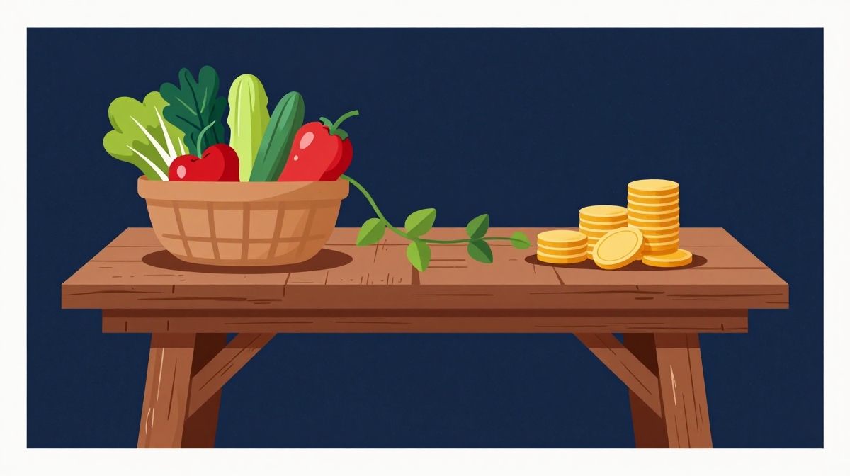 Fresh produce and currency linked by a growing vine on a table.