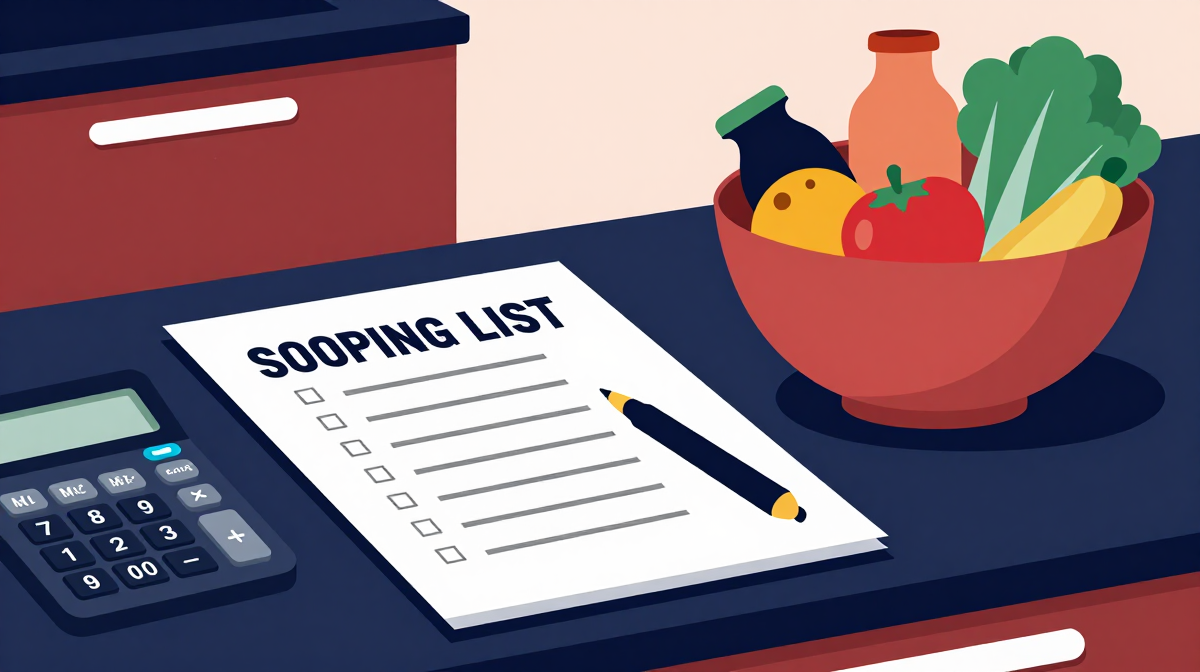 A kitchen counter with a list, calculator, and groceries.