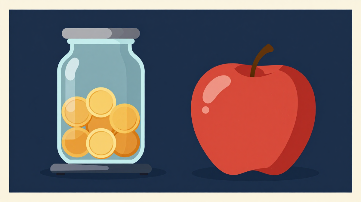 A jar of coins balanced against an apple on a scale.