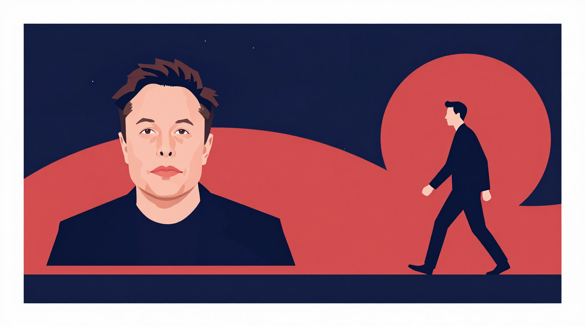 Editorial illustration: Elon Musk pulls the brake on the AI race while his own competitor is still being built.