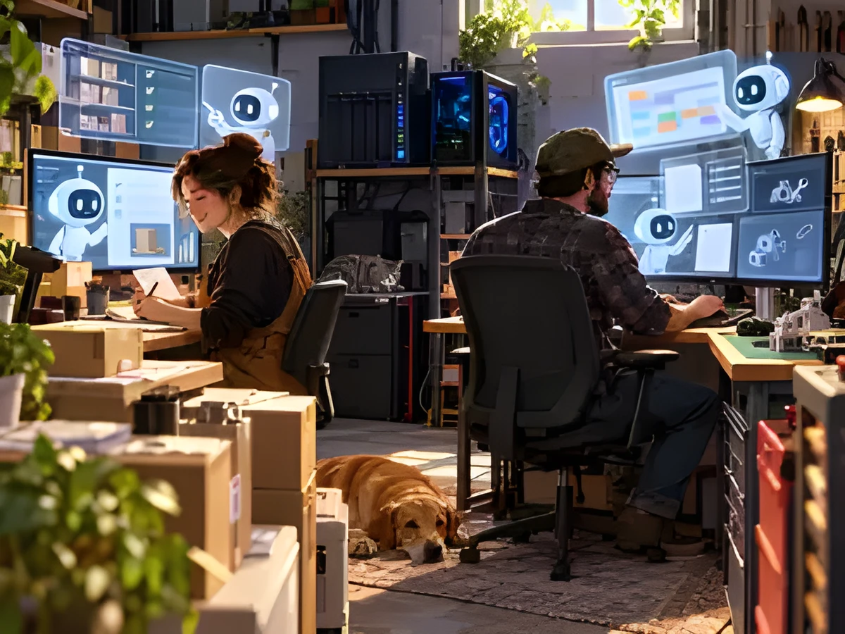 Editorial illustration: local AI lets small businesses and hobbyists own the hardware, keep data local and build specialized tools.