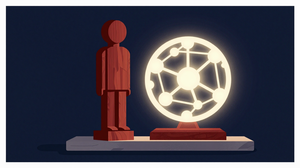 A handcrafted figure beside a network of lights