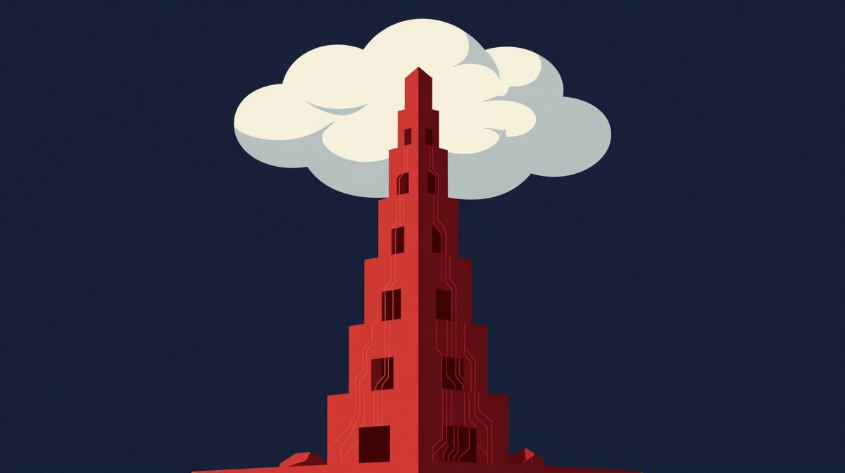 A geometric tower rising toward a clouded sky